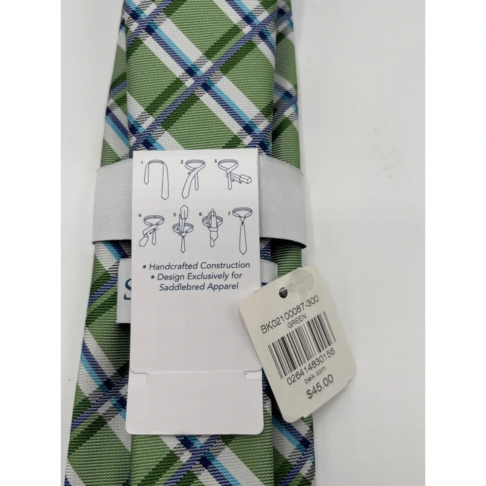 Saddlebred Men's Silk Tie Green Blue White Plaid Handcrafted NWT $45 Retail